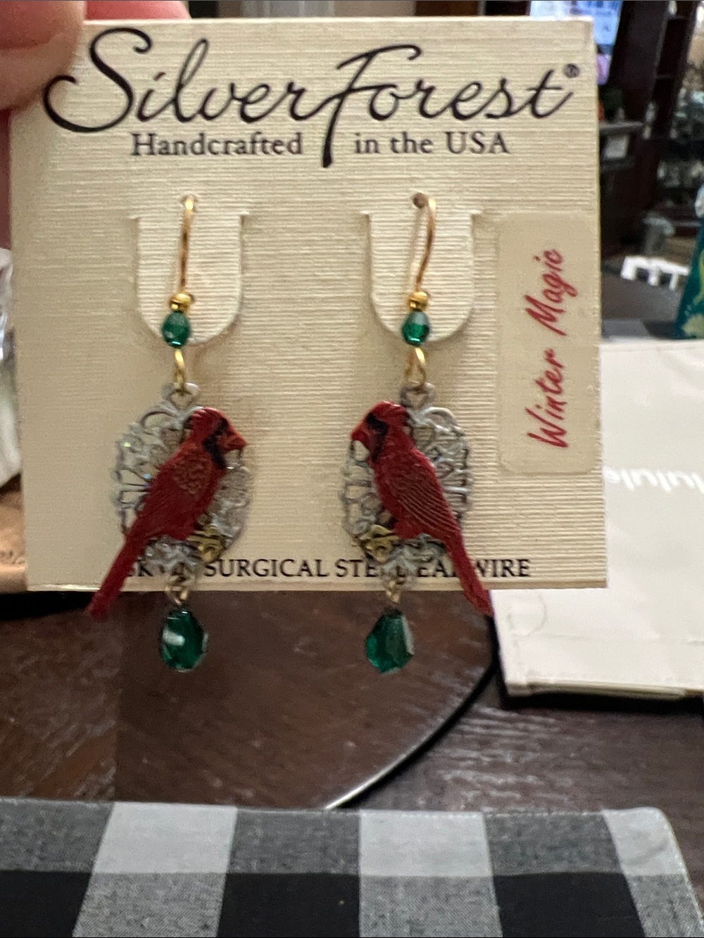 New Silver Forest Red Cardinal Earrings with Green Crystal Drops